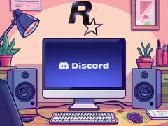 在 Rockstar Games 徽标下方的 PC 显示器上看到 Discord（图片来源：Discord、Rockstar Games，有编辑）