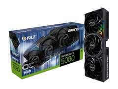 一张白色背景的宣传图片，展示了 Palit RTX 5080 OC Gaming Pro 的包装盒，旁边竖放着显卡。(图片来源：Palit）