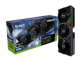 一张白色背景的宣传图片，展示了 Palit RTX 5080 OC Gaming Pro 的包装盒，旁边竖放着显卡。(图片来源：Palit）