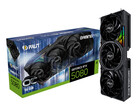 一张白色背景的宣传图片，展示了 Palit RTX 5080 OC Gaming Pro 的包装盒，旁边竖放着显卡。(图片来源：Palit）