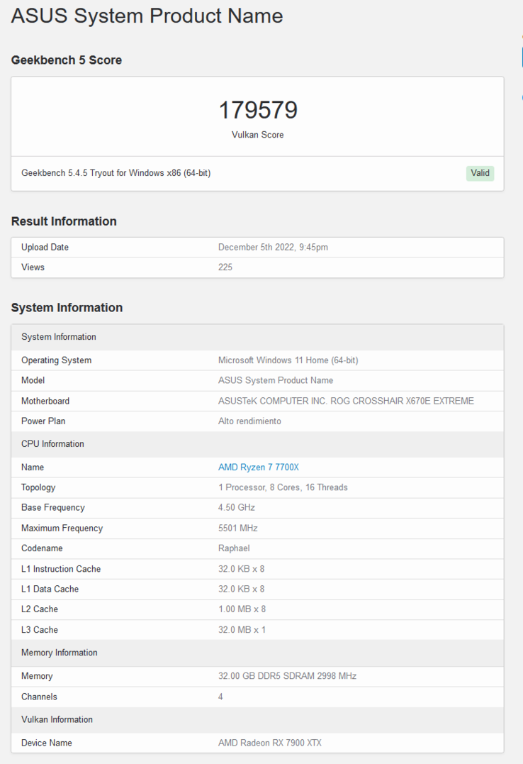 最新的AMD Radeon RX 7900 XTX Vulkan得分（图片来自Geekbench）