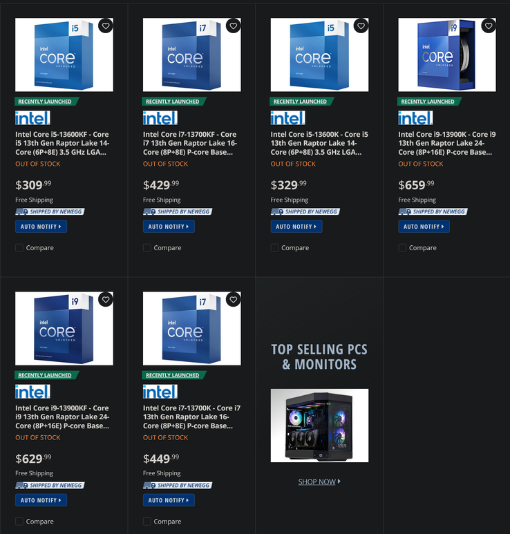 英特尔i5-13600K/F、i7-13700K/F和i9-13900K/F预购价格（图片来源：新蛋网）