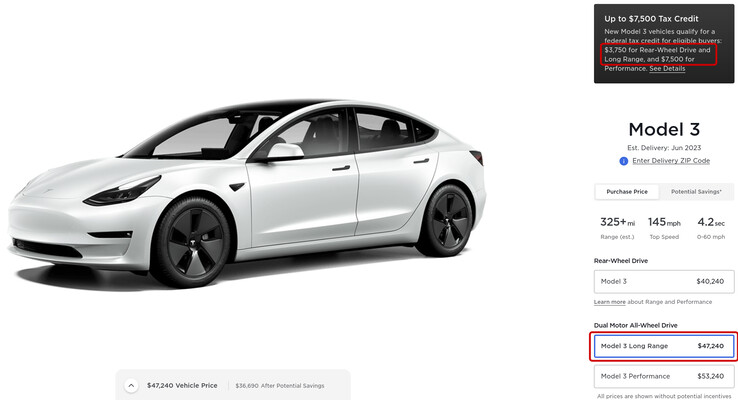 特斯拉的Model 3配置页面显示了每个装饰级别符合多少税收抵免的条件。(图片来源: 特斯拉)
