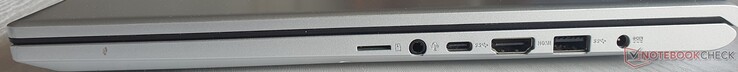 右边：µSD读卡器，音频端口，USB-C 3.2（第一代），HDMI 1.4，USB-A 3.2（第一代），电源连接
