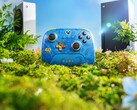 8BitDo 珍稀 40 周年纪念手柄，背景为 Xbox X 系列和 S 系列游戏机。(图片来源：8BitDo 官方宣传海报）