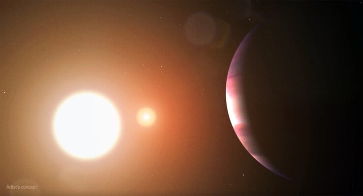 一幅艺术家绘制的插图,显示一颗系外行星围绕两颗恒星运行。