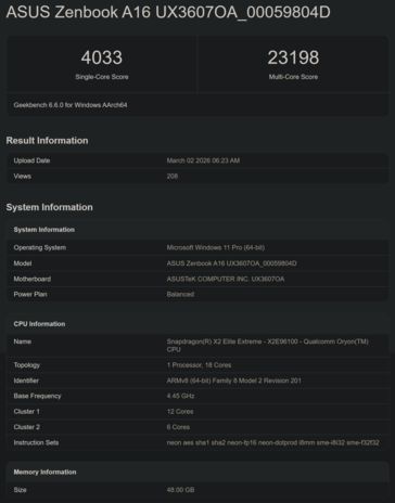 骁龙 X2 Elite X2E-96-100 Geekbench CPU 性能表现