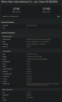 AMD Ryzen Z2 Extreme Geekbench CPU（图片来源：Geekbench）