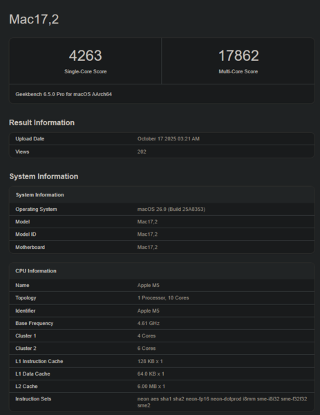 Apple M5 Geekbench 得分（图片来源：Geekbench）