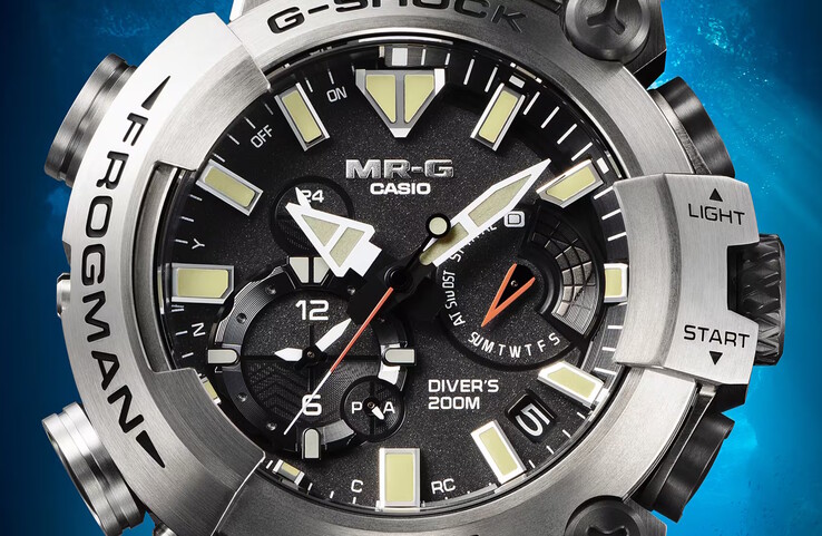 Frogman MRG-BF1000RG 在防反光蓝宝石表面下显示潜水时间和水面休息时间。(图片来源：卡西欧）
