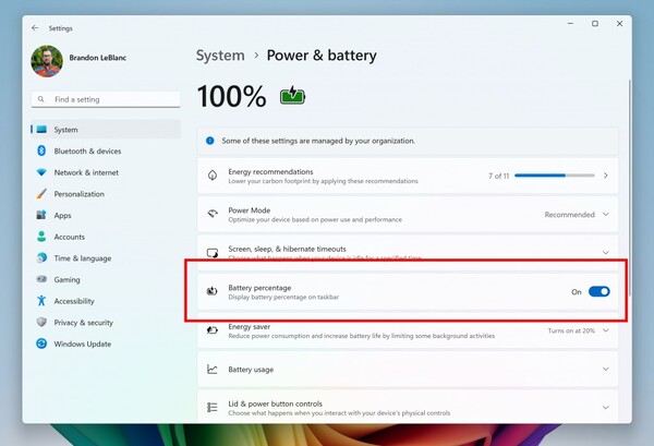 最新的 Windows 11 Insider Build 新增了在任务栏上显示电池百分比的支持。(图片来源：微软）