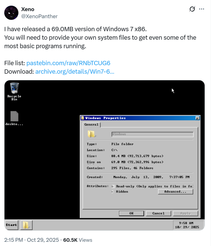 Windows 7（如图）在 @XenoPanther 的轻量级构建中启动到桌面（图片来源：@XenoPanther）