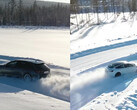 奥迪 RS4 Avant Quattro 在冬季测试赛道上与特斯拉的双电机 Model 3 Performance 展开全轮驱动的较量。(图片来源：YouTube 上的轮胎评论）