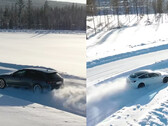 奥迪 RS4 Avant Quattro 在冬季测试赛道上与特斯拉的双电机 Model 3 Performance 展开全轮驱动的较量。(图片来源：YouTube 上的轮胎评论）