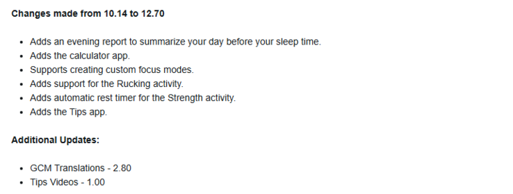 Garmin vivoactive 6 智能手表 12.70 版软件的发布说明。(图片来源：Garmin）