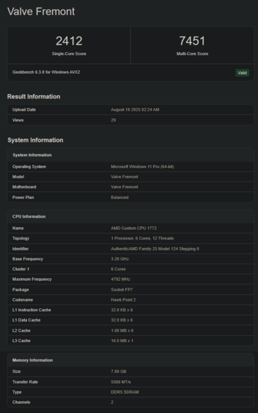 阀门 Fremont Geekbench 列表（图片来源：Geekbench）