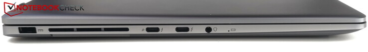 左边：电源端口，2个USB-C 4.0/Thunderbolt 4（1个PD），耳机插孔