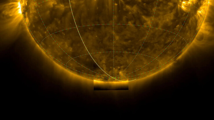 太阳轨道器航天器首次拍摄到太阳南极的图像。图片来源：ESA & NASA/Solar Orbiter/EUI Team, D. Berghmans (ROB)欧空局和美国国家航空航天局/太阳轨道器/EUI 小组，D. Berghmans (ROB))