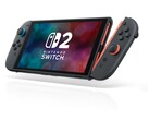 任天堂 Switch 2 手持设备与红色和蓝色 Joy-Con 控制器。(图片来源：任天堂）