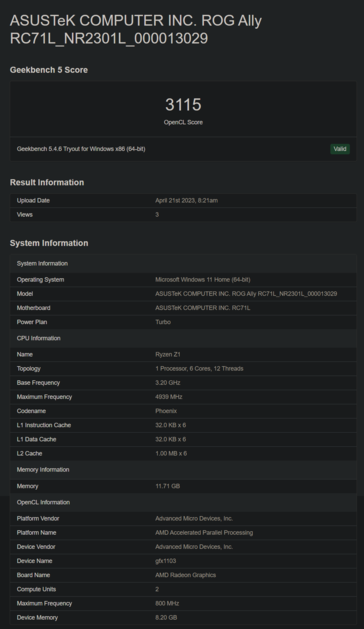 华硕ROG Ally在Geekbench上（图片来自Geekbench）。