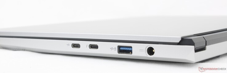 右侧USB-C 3.2 Gen. 2 w/ Power Delivery、USB-C Thunderbolt 4 w/ DisplayPort 2.1 + Power Delivery、USB-A 3.2 Gen. 2、交流适配器