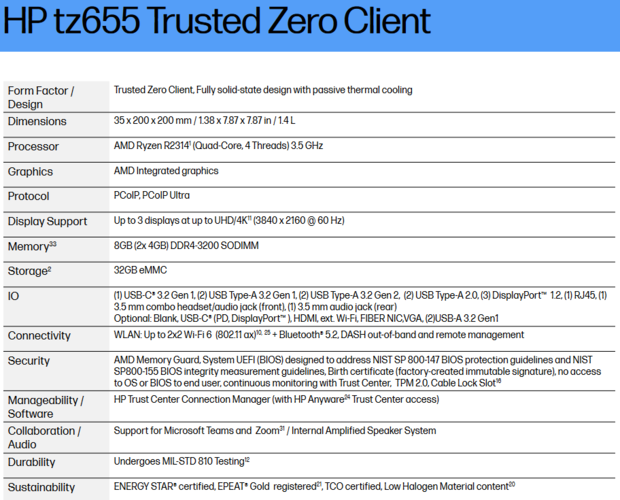 惠普 tz655 可信零客户端规格（图片来自惠普）