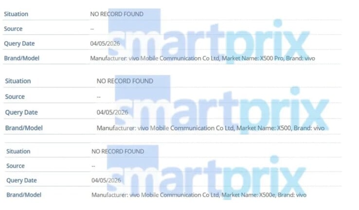 在 GSMA 数据库中列出的 vivo X500 系列。