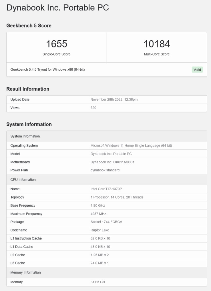Dynabook笔记本电脑中的英特尔猛禽湖酷睿i7-1370P。(来源：Geekbench)