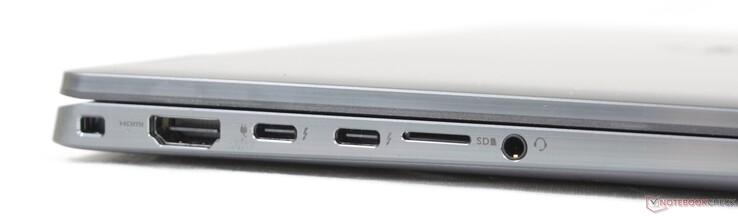 左边：楔形锁插槽，HDMI 2.0，2个USB-C w/Thunderbolt 4 + DisplayPort + Power Delivery，MicroSD读取器，3.5毫米音频插孔