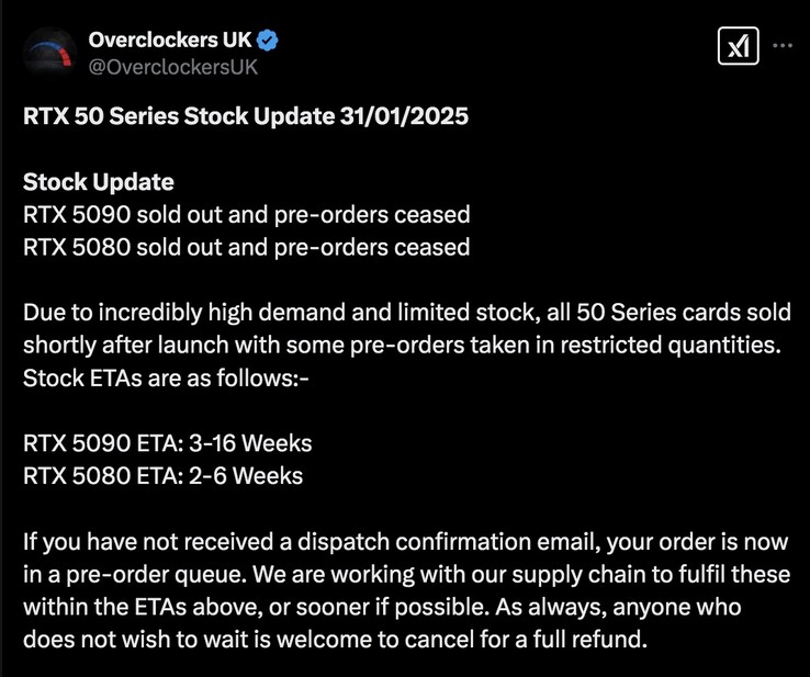 英国玩家需要等待一段时间才能购买到新的GeForce RTX 50 GPU。(图片来源：Overclockers UK）