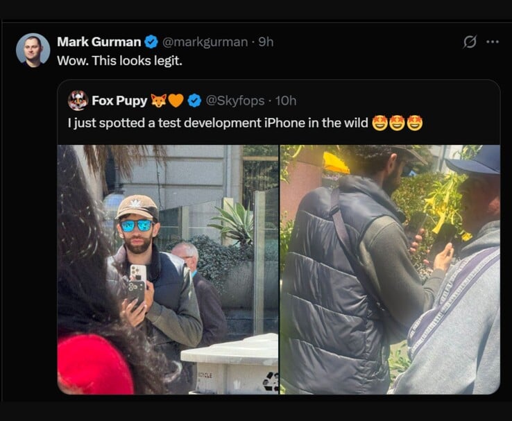 马克-古尔曼（Mark Gurman）对公开曝光的据称是 iPhone 17 Pro 原型机的图片做出了反应，该图片最初由 @Skyfops 在 X（原 Twitter）上发布。图片显示，一名男子手持一个带有独特外壳的测试设备，而另一个人似乎挡住了视线。(图片：@Skyfops / @markgurman on X）