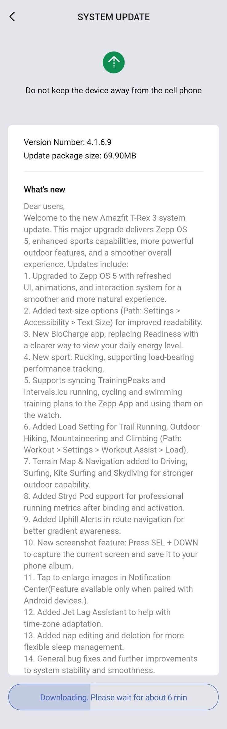 Amazfit T-Rex 3 的 4.1.6.9 版本更新日志(图片来源:Facebook)
