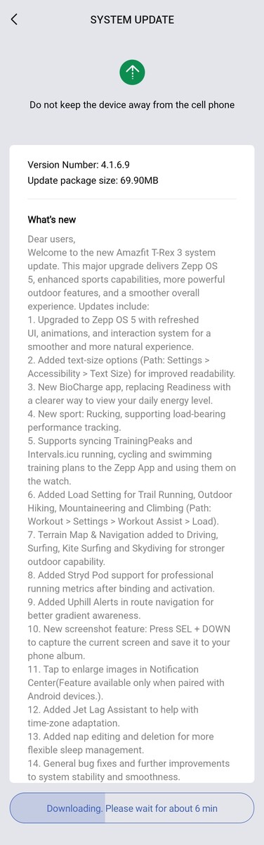 Amazfit T-Rex 3 的 4.1.6.9 版本更新日志(图片来源:Facebook)