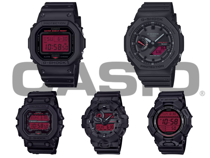 图中从左上方开始依次为：卡西欧 DW-5600BBR-1、GA-B2100BBR-1A、GD-010BBR-1JF、GA-700BBR-1AJF 和 GX-56BBR-1A--