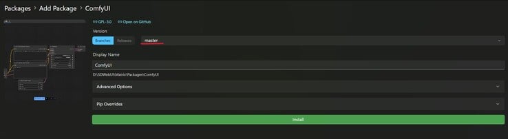 在 Stability Matrix 中安装 ComfyUI 集线器的截图，构建选择下拉菜单上的红色高亮显示。(图片来源：Windows 屏幕截图）