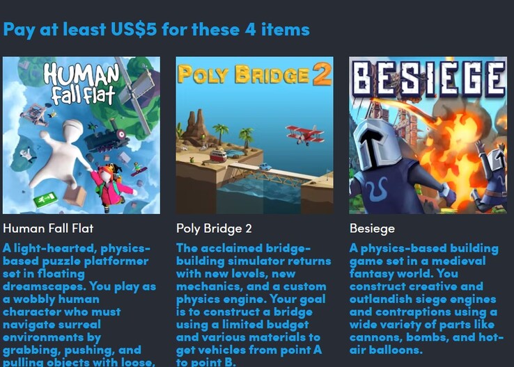 游戏海报和说明。支付 5 美元可获得 9 款游戏中的 4 款（图片来源：Humble Bundle）