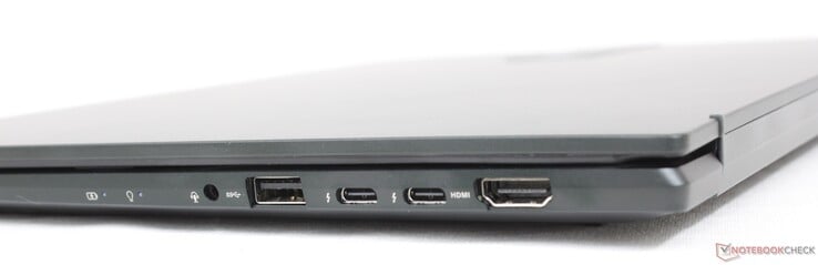 右边：3.5毫米耳机，USB-A 3.2 Gen. 1，2个USB-C w/ Thunderbolt 4 + DisplayPort + Power Delivery，HDMI 2.0b