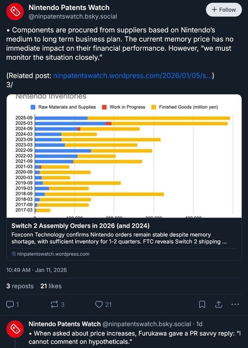 任天堂专利观察关于古川俊太郎采访的帖子（图片来源：截图，任天堂专利观察 Bluesky 账户）