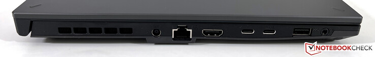 左侧：电源、以太网、HDMI 2.1 FRL、USB-C 4.0（40 GBit/s、DisplayPort、Power Delivery）、USB-C 3.2 Gen.2（10 GBit/s、Power Delivery、DisplayPort、G-Sync）、USB-A 3.2 Gen.1（5 GBit/s）、3.5耳机插孔