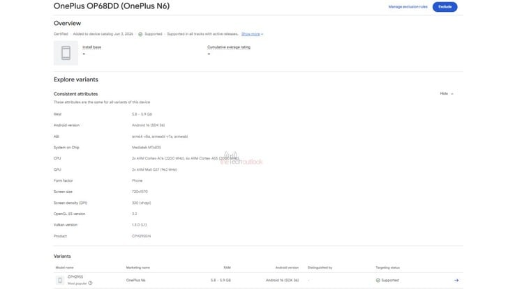 Google Play Console 上的 OnePlus N6 产品页面。