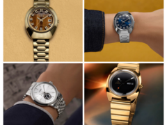 从左上到左下，顺时针方向（如图）依次为棕色表盘的 Q Timex 1972 Time Machine 复刻版、蓝色表盘的同款复刻版、Q Timex 1975 Enigma 复刻版以及 Timex x Peanuts Marlin Automatic。(图片来源：Timex - 编辑）