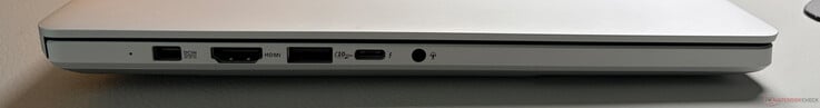 左侧:电源接口、HDMI 2.1 FRL、USB-A 3.2 Gen 2(10 GBit/s)、 USB-C 4.0(支持雷电 4,40 GBit/s,DisplayPort ALT 模式 2.1,Power Delivery 3.0),3.5 毫米音频接口