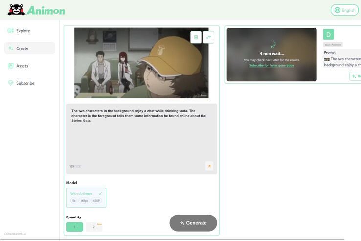 Animon.ai 在测试 Steins;Gate 的静态图像时，提示前景和背景角色动画化，结果只有前景角色成功动画化。(图片来源：Animon）