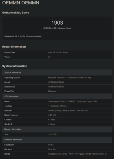 骁龙 X Plus X1P64100 Geekbench 跑分（图片来自 Geekbench）