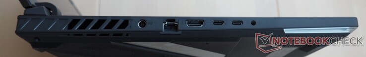 左侧。电源、RJ45-LAN、HDMI 2.1、Thunderbolt 4（包括DisplayPort）、USB-C 3.2 Gen2（包括DisplayPort、Power Delivery、G-Sync）、3.5 mm组合音频插孔。