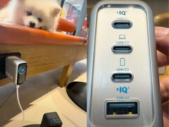 Anker Zolo 140W 墙式充电器底部有 3 个 USB-C 端口和第 4 个 USB-A 端口。(图片来源：Xiao Li TV via YouTube）