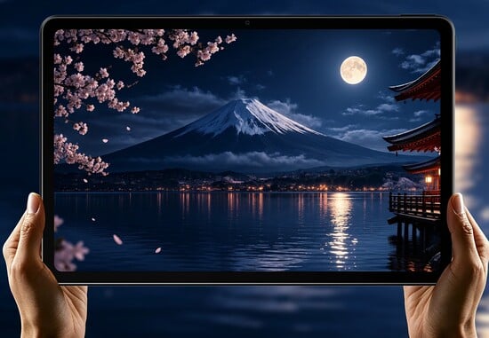双手拿着一台显示夜景的平板电脑