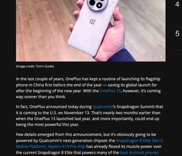 Tom's Guide》最初报道称 OnePlus 15 将于 11 月 13 日在美国发布，但该报道已被删除。(图片来源：Tom's Guide）