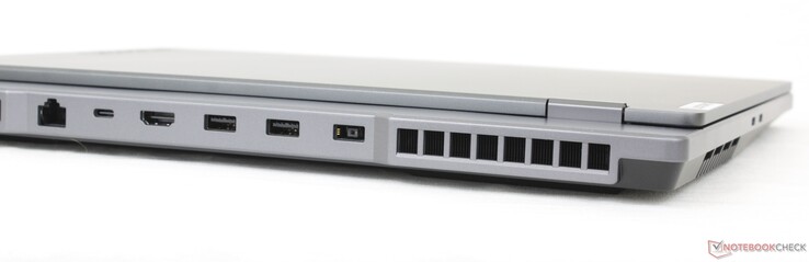 后部。千兆RJ-45，USB-C 3.2 Gen. 2 w/ DisplayPort 1.4 + Power Delivery，HDMI 2.1，2个USB-A 3.2 Gen. 1，AC适配器