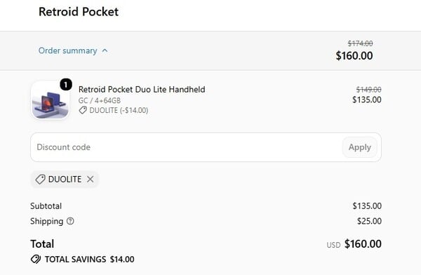 使用该优惠码可立减 14 美元,购买 Retroid Pocket Duo Lite。